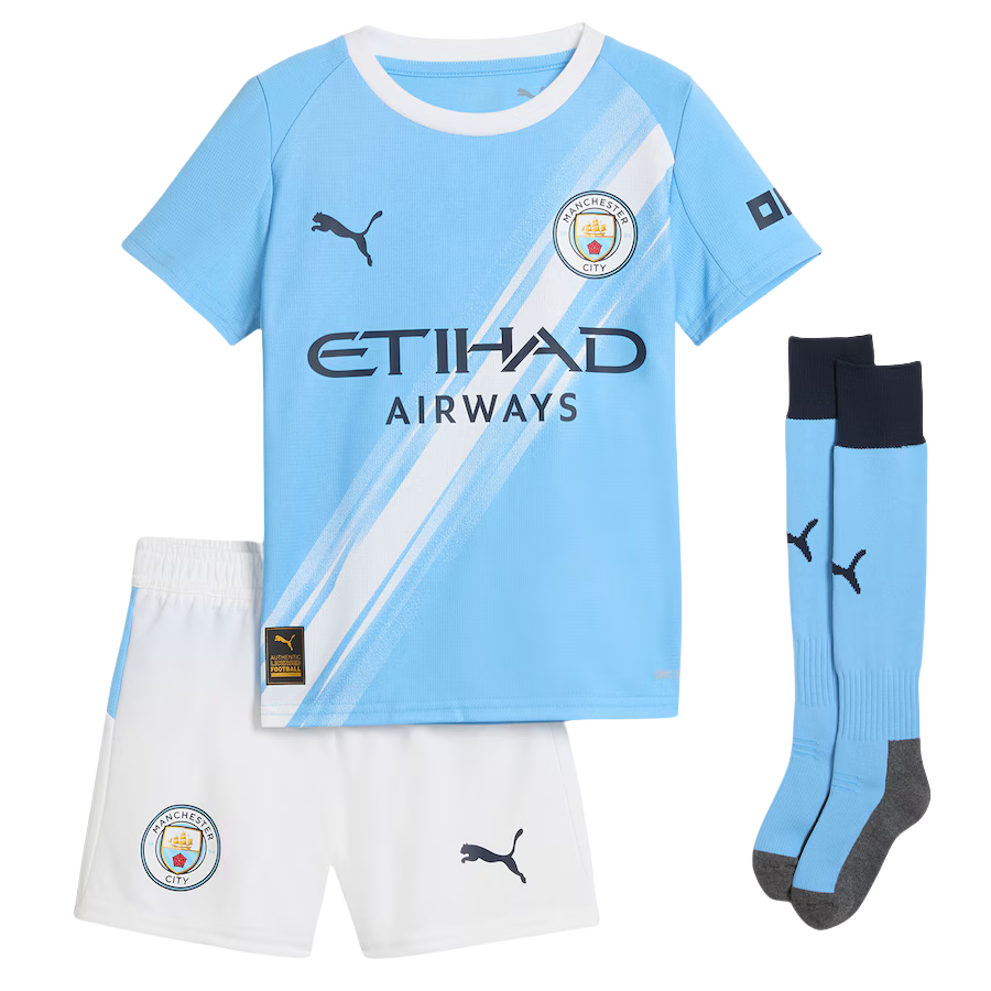 e064751906 Manchester City Home Kids Soccer Jerseys Kit 2025-26 (Jersey+Shorts+Socks) - Image 1