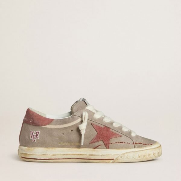 Golden Goose Super-Star LTD in gray suede with red waxed suede star and heel tab