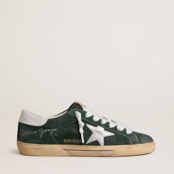 Golden Goose Super-Star in green suede with silver metallic leather star and leather heel tab