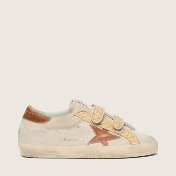 Golden Goose Old School in pearl suede with brick-red leather star and raffia strap