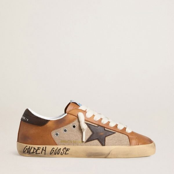 Golden Goose Super-Star LTD in beige wool with brown leather star and camel inserts