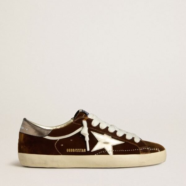 Golden Goose Super-Star in cognac velvet with metallic leather star and heel tab