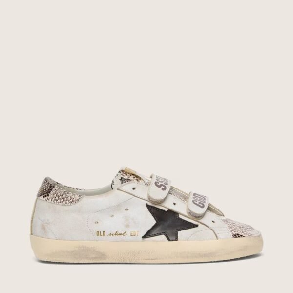 Golden Goose Old School in white leather with black leather star and snake-print inserts