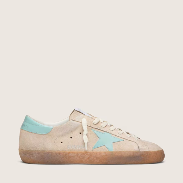 Golden Goose Super-Star in beige suede with aqua-green star