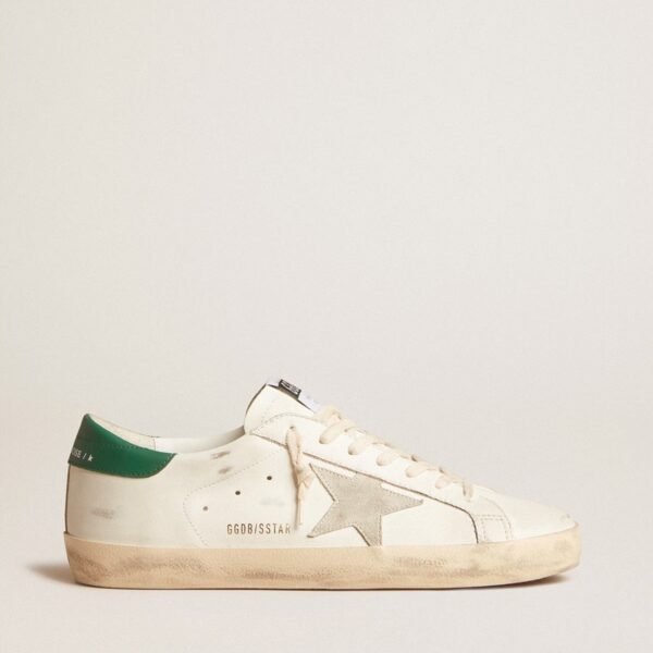 Super-Star in white leather with ice-gray suede star and green leather heel tab