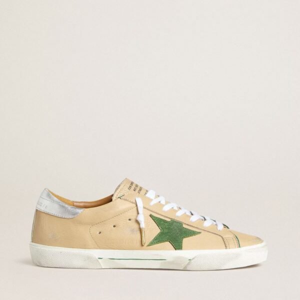 Super-Star LTD in beige leather with green suede star and silver foiled leather heel tab
