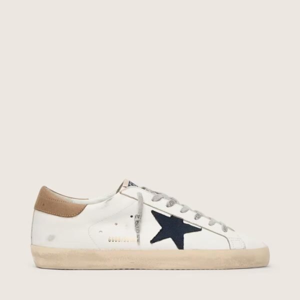 Super-Star in white leather with midnight-blue canvas star and tobacco leather heel tab