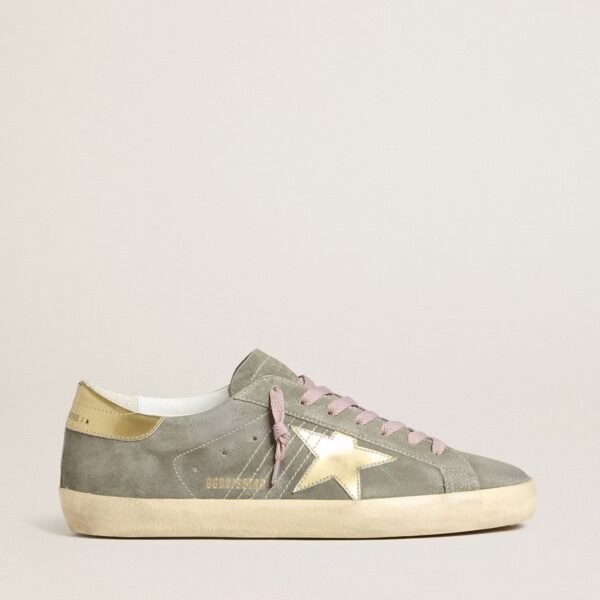Super-Star in gray suede with gold metallic leather star and heel tab