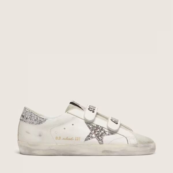 Golden Goose Old School with silver glitter star and ice-gray suede tongue