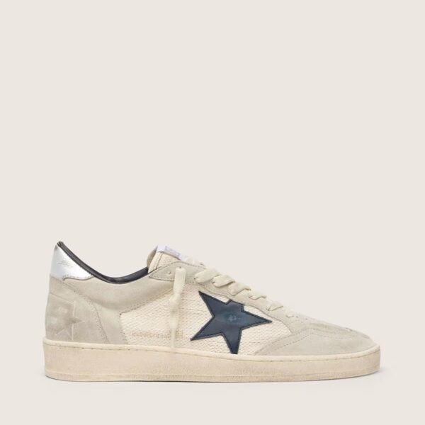 Ball Star LTD in gray suede with blue star and cream-colored crochet inserts