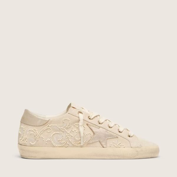 Golden Goose Super-Star LTD in pearl suede with gold star and bead embroidery
