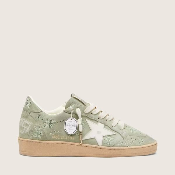 Ball Star in sage-green suede with white leather star and tone-on-tone Swarovski floral embroidery