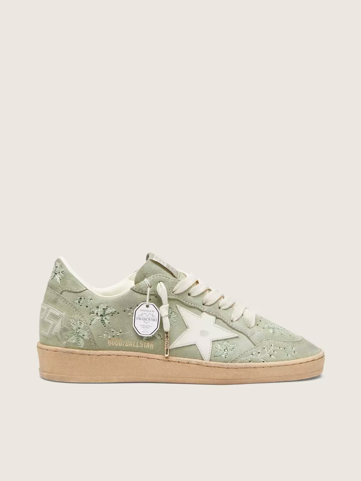 1 Ball Star in sage-green suede with white leather star and tone-on-tone Swarovski floral embroidery - Image 1