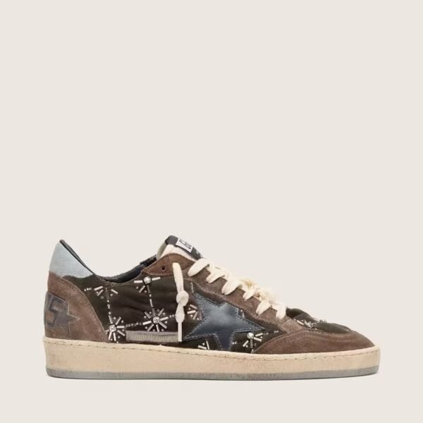 Ball Star LAB in brown matelassé velvet with rhinestones and black leather star