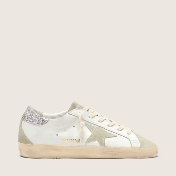 Golden Goose Super-Star with gray star and silver glitter heel tab