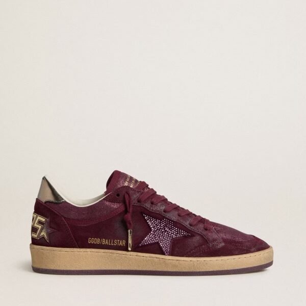 Ball Star in burgundy suede with crystal star and metallic leather heel tab