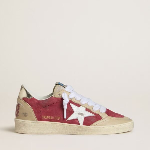 Ball Star in red suede with white crackle suede star and platinum leather heel tab