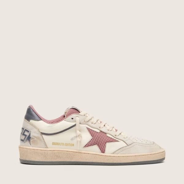 Ball Star LTD in beige leather with pink mesh star and blue leather heel tab