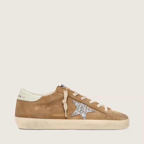 Golden Goose Super-Star in tobacco suede with silver glitter star