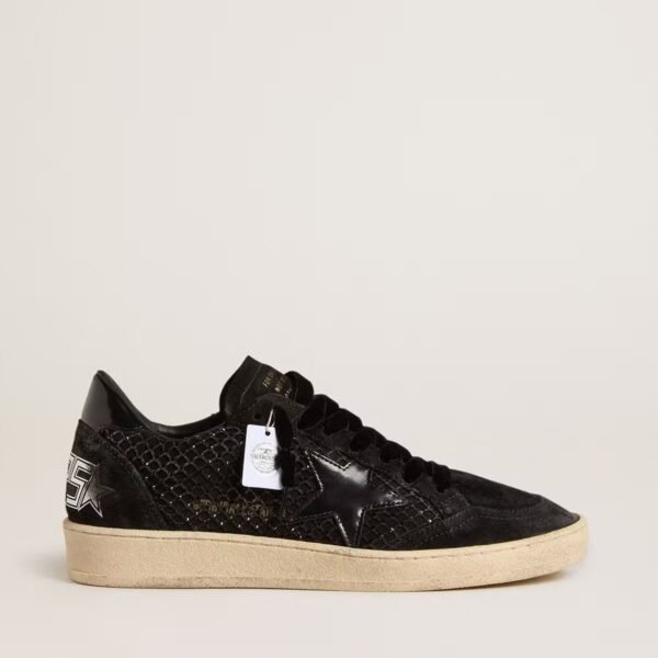 Ball Star in mesh with Swarovski crystals and black laminated leather star and heel tab