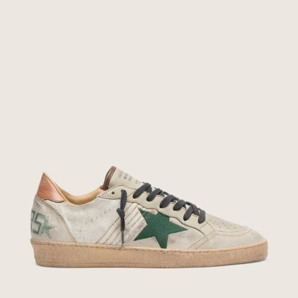 Ball Star LTD in white pony skin and gray suede with green star