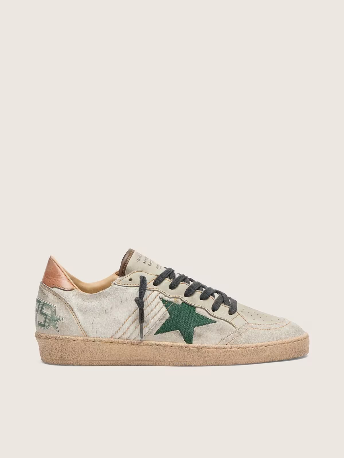 1 Ball Star LTD in white pony skin and gray suede with green star - Image 1