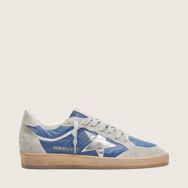 Ball Star in denim-blue nylon with light gray suede inserts and metallic silver leather star