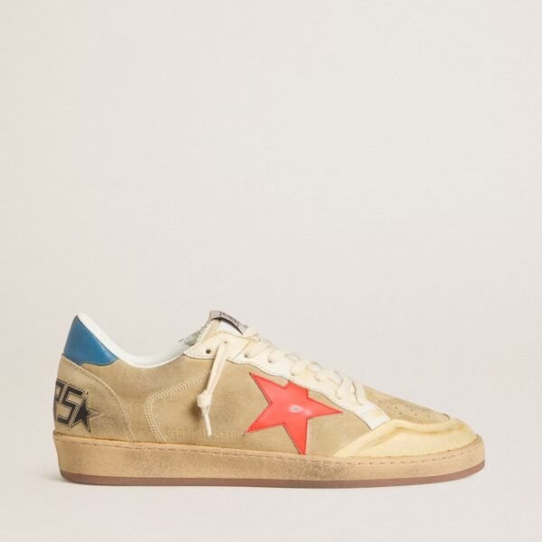 Ball Star in beige suede with coral leather star and blue nappa heel tab