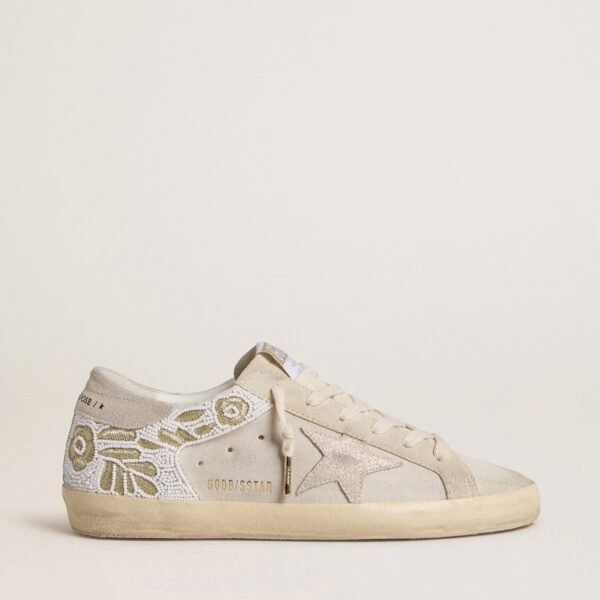 Golden Goose Super-Star in beige suede with bead embroidery and laminated suede star