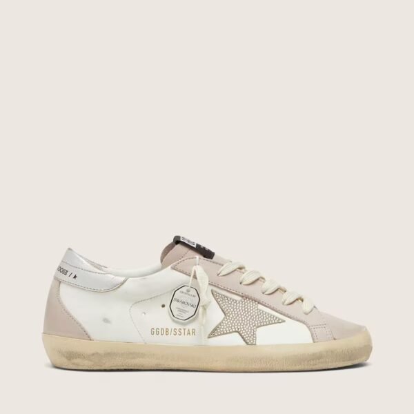 Golden Goose Super-Star in white and powder-pink leather with silver Swarovski crystal star