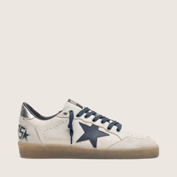 Ball Star in white leather with dark blue leather star and silver laminated leather heel tab