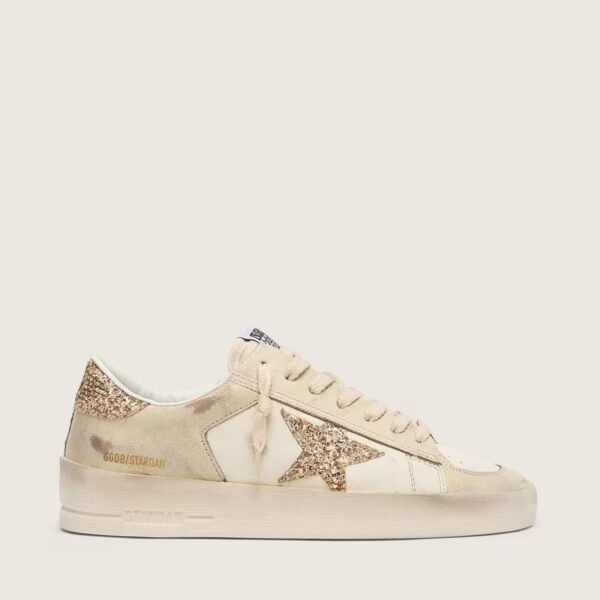 Stardan in ecru nappa leather with gold glitter star and heel tab