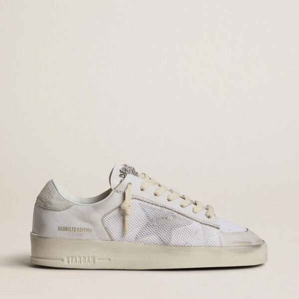 Stardan LTD in white leather with star and heel tab in ice-gray suede