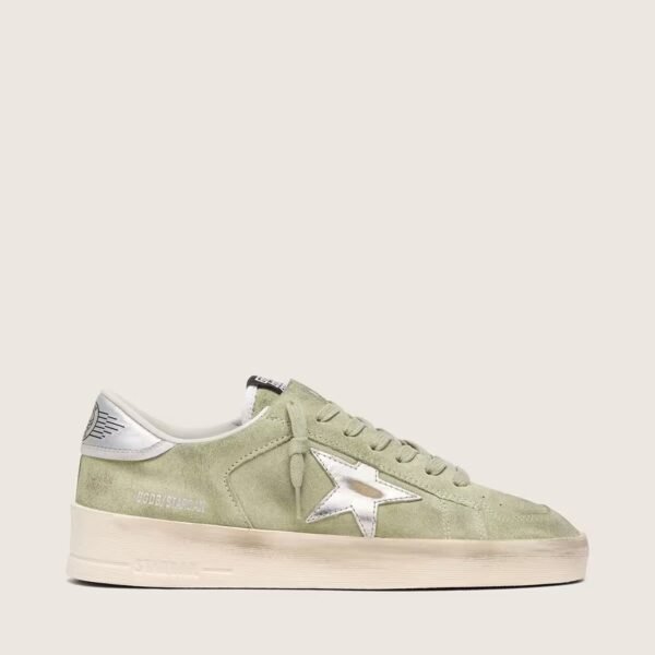 Stardan in sage-green suede with metallic silver star