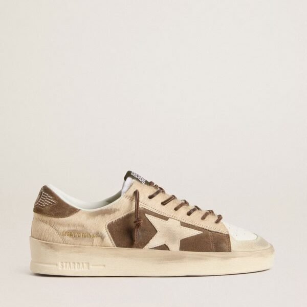Stardan in military-green suede and beige pony skin with beige suede star
