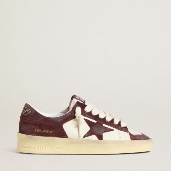 Stardan in white nappa with burgundy suede star and heel tab
