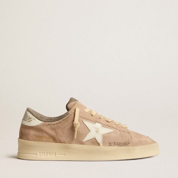 Stardan in old rose suede with white leather star and heel tab