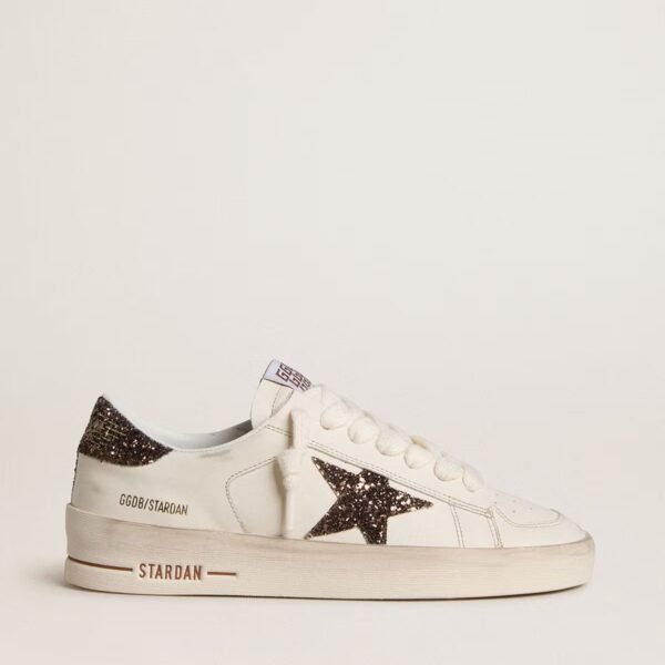 Stardan in white leather with brown glitter star and heel tab