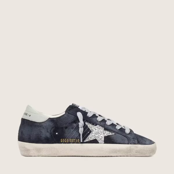 Golden Goose Super-Star in blue suede with silver glitter star and leather heel tab