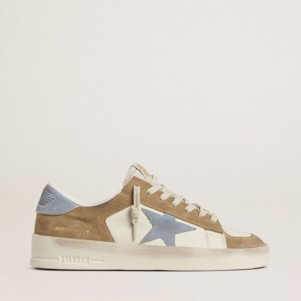 Stardan LTD in white leather and tobacco suede with light blue suede star and heel tab