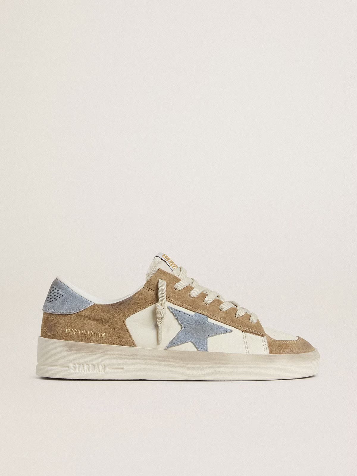 1 Stardan LTD in white leather and tobacco suede with light blue suede star and heel tab - Image 1