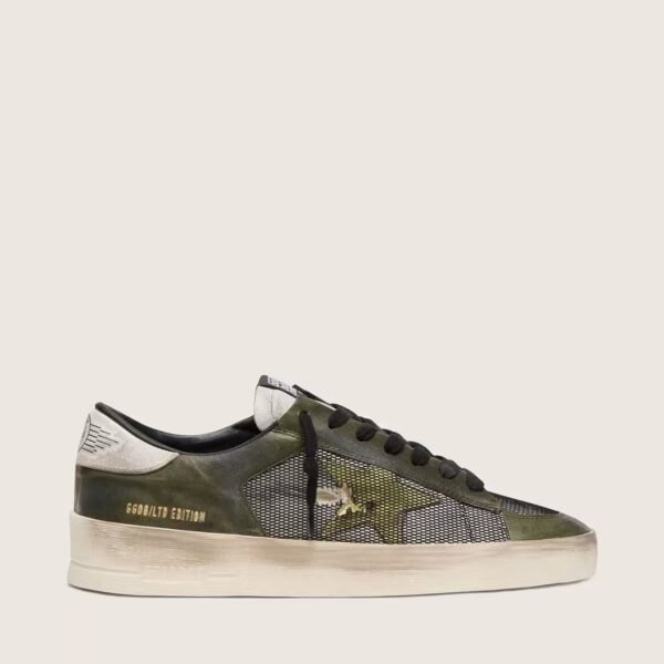 Stardan LTD in white and olive-green leather with black mesh and yellow leather star