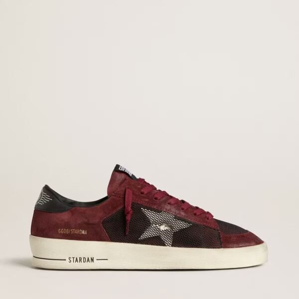 Stardan in black mesh and burgundy suede with white leather star