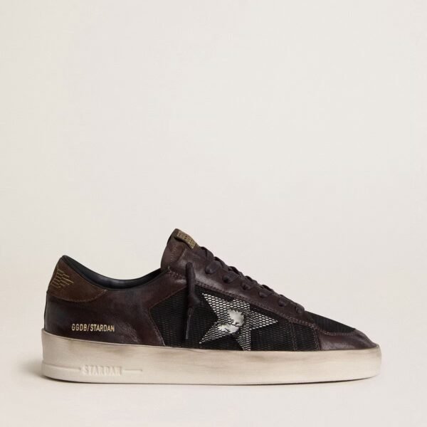 Stardan in brown suede and black mesh with white leather star and nappa leather inserts