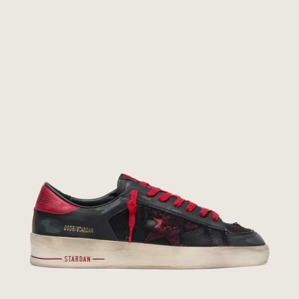 Stardan in black leather with red star and black mesh and red leather inserts