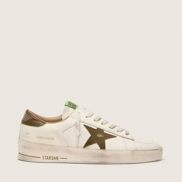 Stardan in white leather with military-green snake-print leather star and heel tab