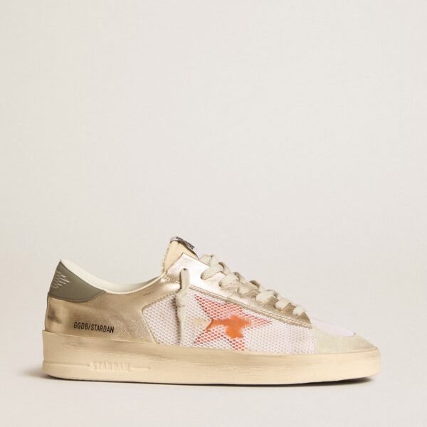 Stardan in white mesh with orange star and platinum leather inserts