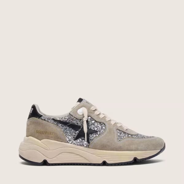 Running Sole in silver glitter and dove gray suede
