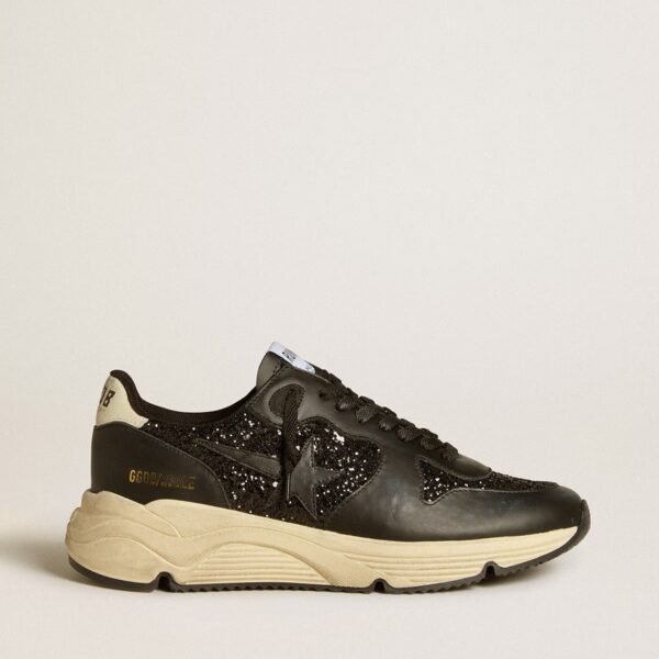 Running Sole in black glitter with leather star and nubuck heel tab