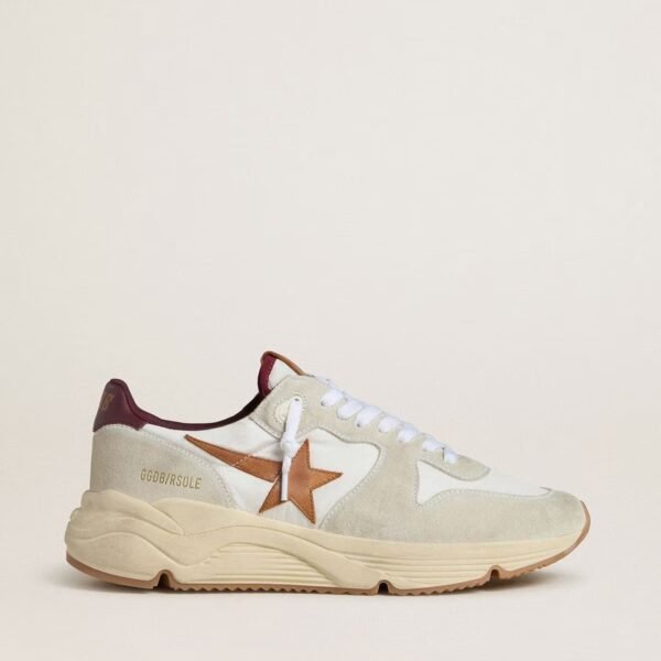 Running Sole in nylon and suede with brown leather star and burgundy leather heel tab